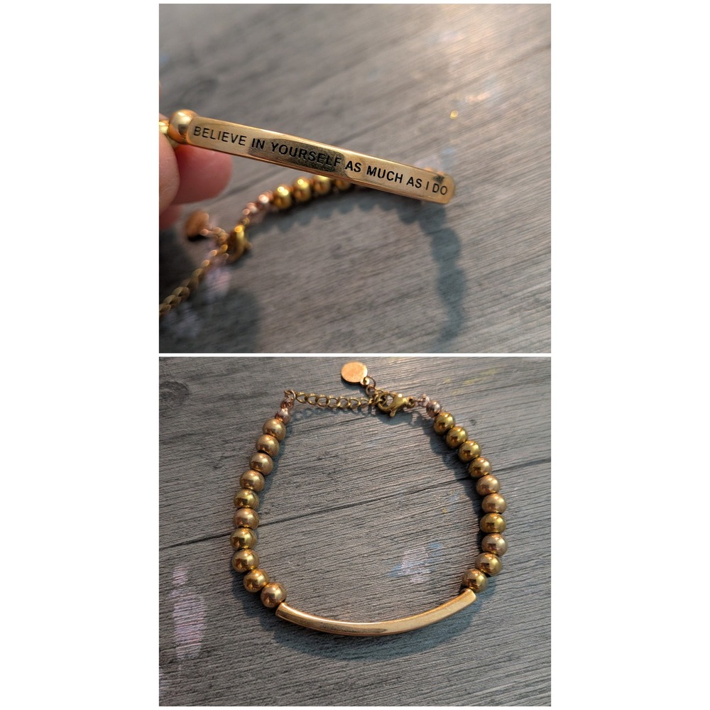 Gold Tone Beaded Bar Bracelet Believe In Yourself Quote Inspirational Jewelry
